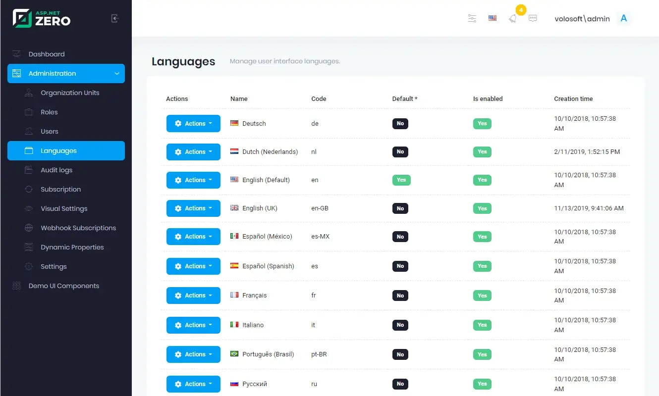 User interface languages management