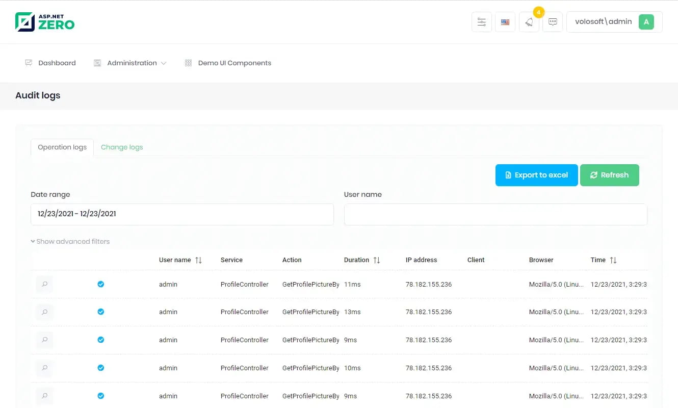 Audit logs screen in ASP.NET Zero 