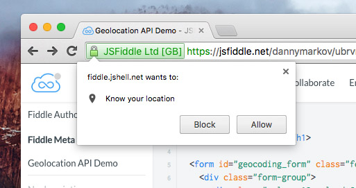 Geolocation notification in browser