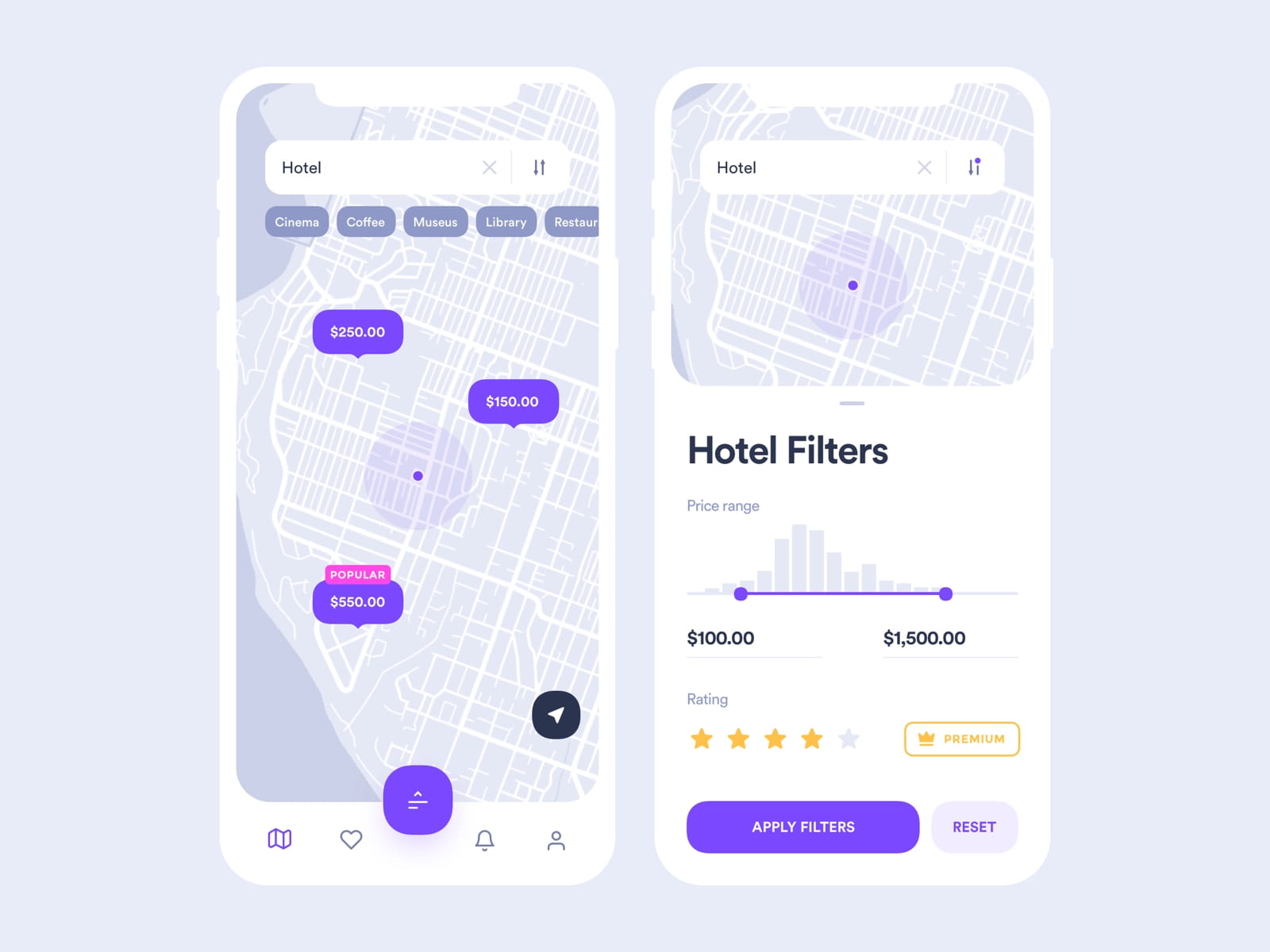 Hotel filters in travel application