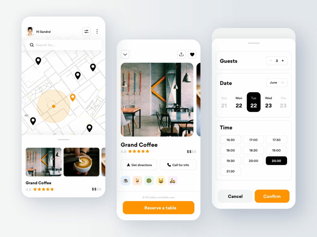 Table reservation screens in reaustourant mobile application