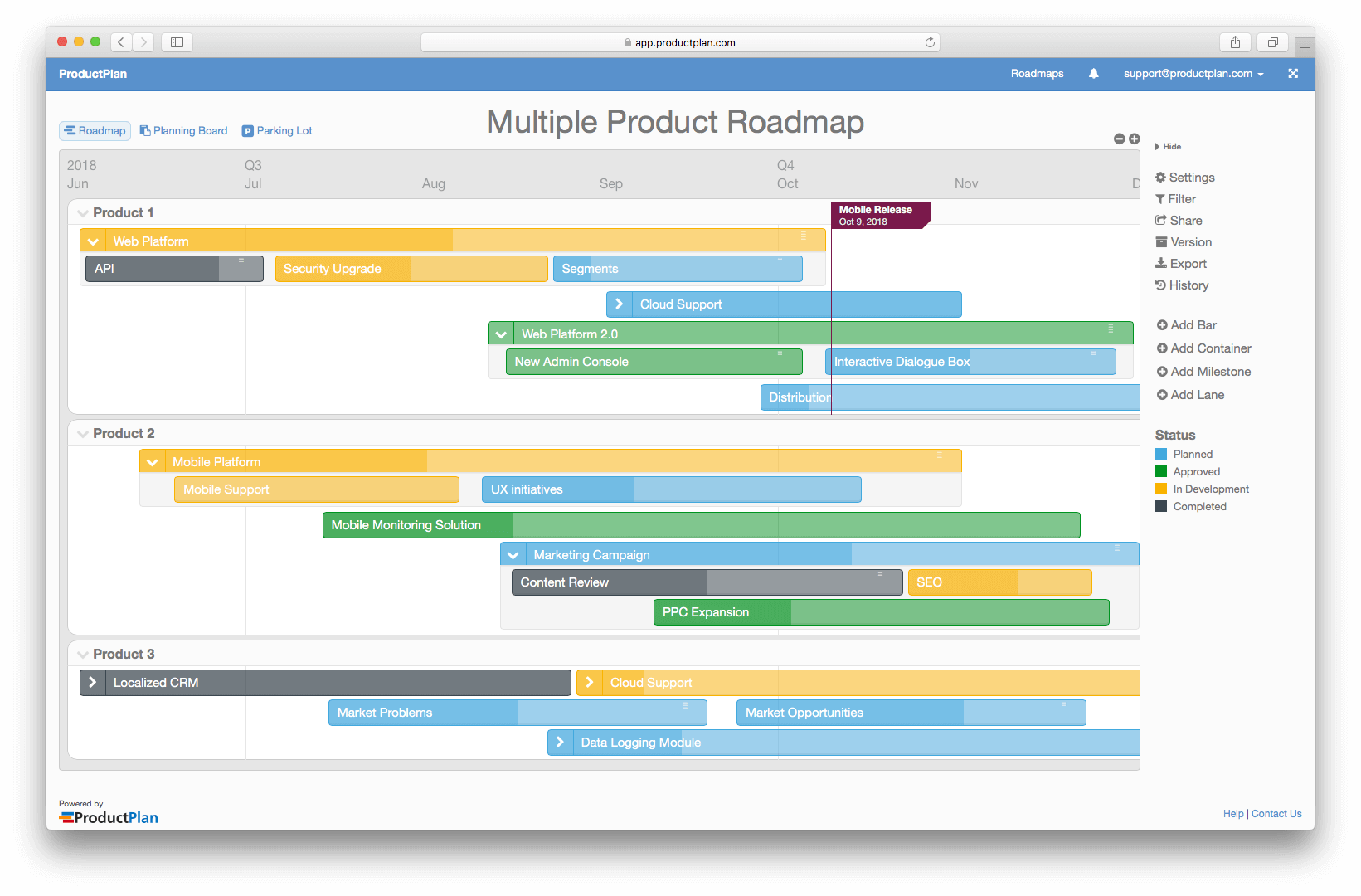 Multiple product roadmap example