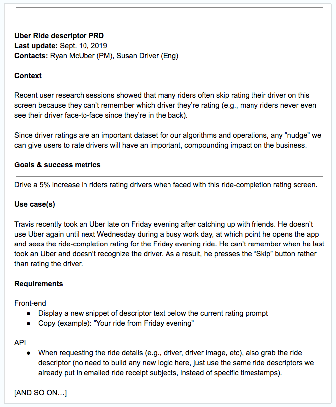 Product Requirements Document example